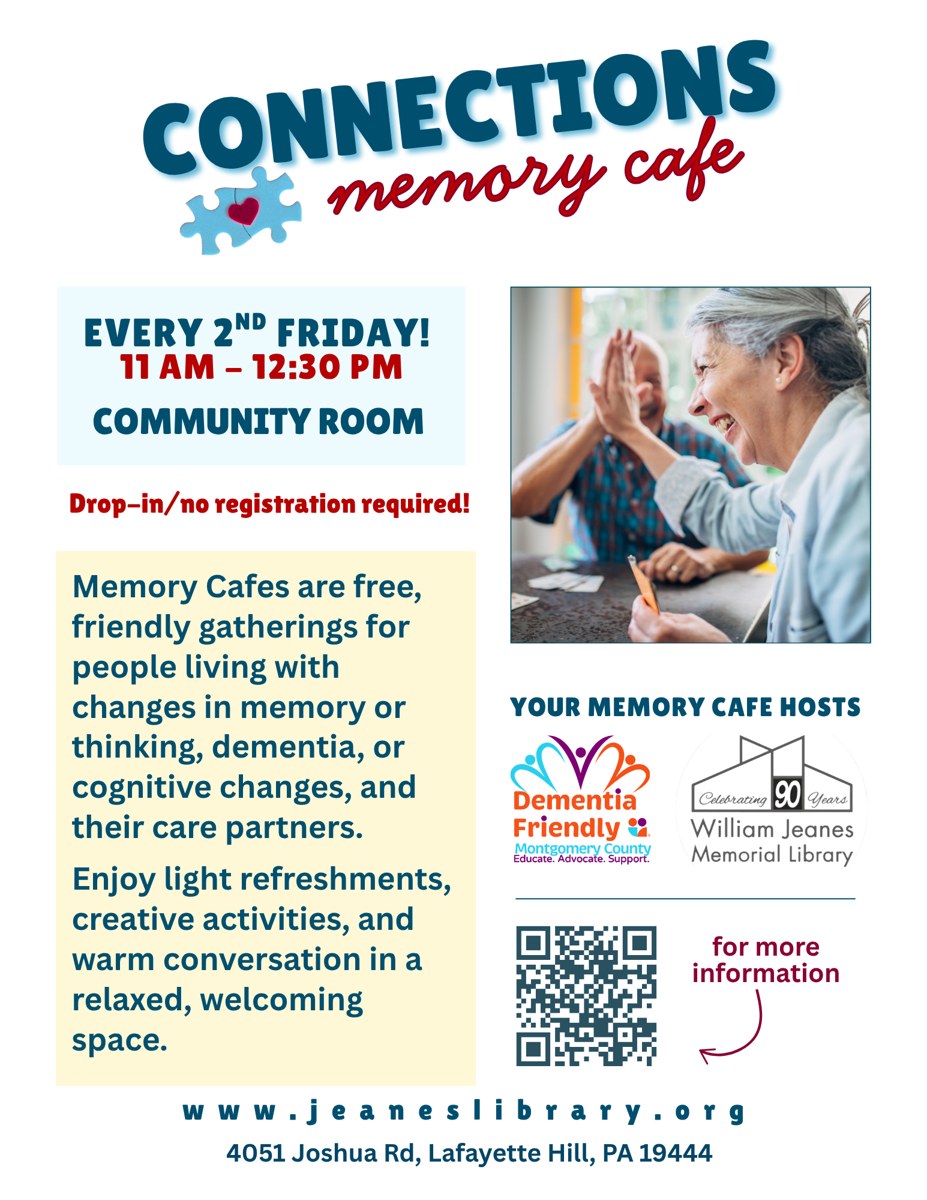 Connections Memory Café flyer; gathering details are provided alongside this image
